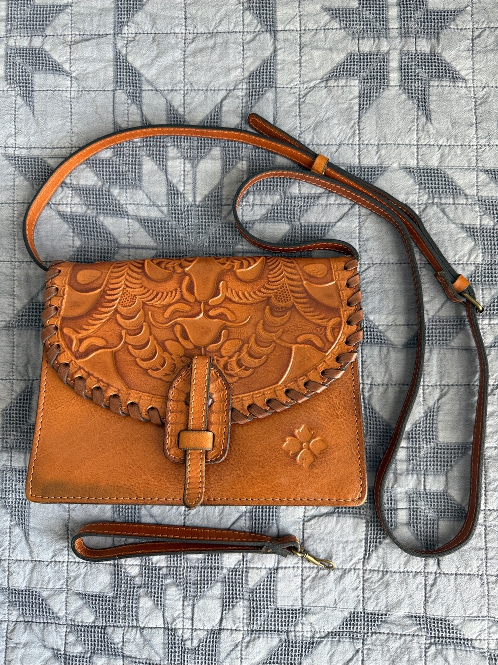Patricia Nash Tooled Leather Crossbody/Clutch Bag - Cognac